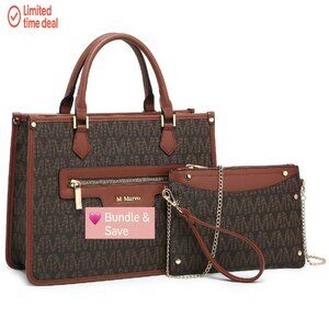 Medium Tote Bag with Wristlet Set, Vegan Leather, Monogram Design